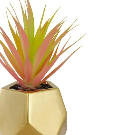 8" Green & Pink Sword Grass in Gold Geometric Pot {5}