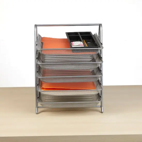 Mind Reader Desk Organizer with 5 Sliding Trays Silver {7}