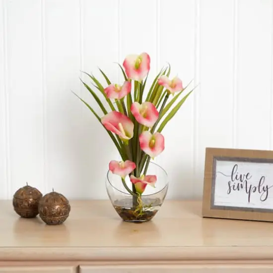 15.5" Pink Calla Lily and Grass Arrangement in Vase {3}