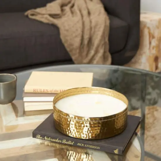 Jasmine Scented 4-Wick Candle in Wide Hammered Gold Bowl {7}