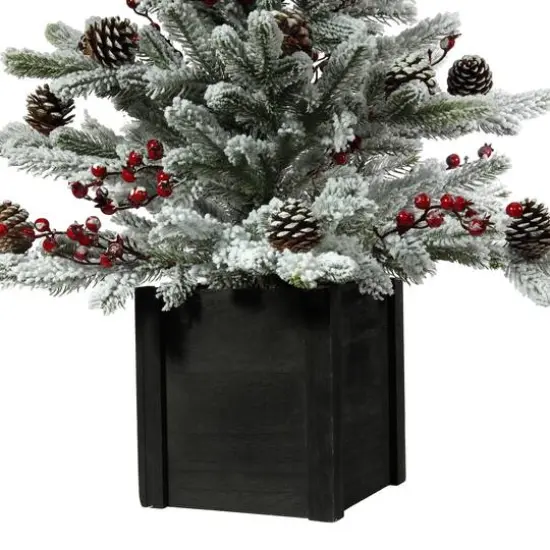 3ft. Unlit Flocked Stockhorn Fir Artificial Christmas Tree in Wooden Pot {3}