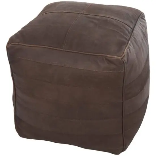 21" Leather Pouf with Linear Panels Dark Brown {1}