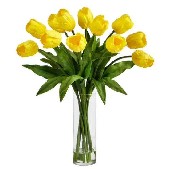 23" Artificial Tulip Arrangement with Cylinder Glass Vase Yellow {1}