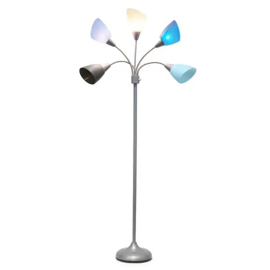 Simple Designs&trade; 5.6ft. 5-Light Gooseneck Silver Floor Lamp Silver White Gray and Blue Shades {13}