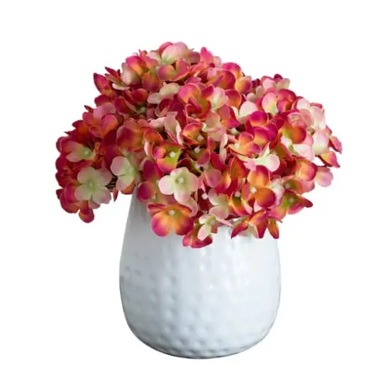 11" Pink Hydrangea Arrangement in White Metal Vase {1}