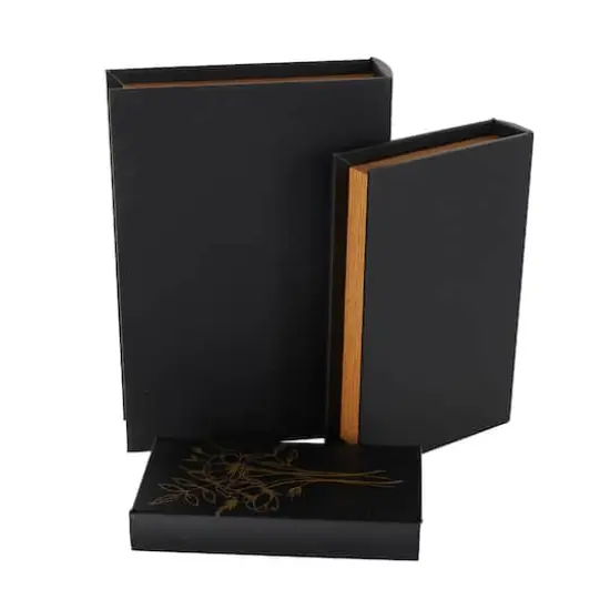 Black & Gold Faux Leather Floral Faux Book Storage Decorative Box Set {8}