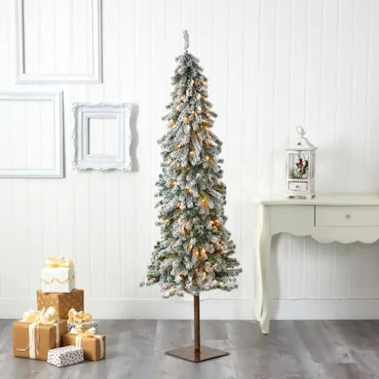 6ft. Pre-Lit Flocked Alpine Artificial Christmas Tree, Clear LED Lights {6}