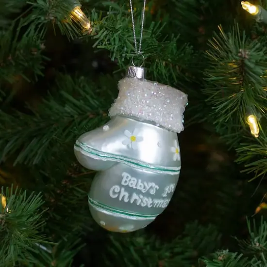 Mint Green Baby's 1st Christmas Mitten Glass Ornament {3}