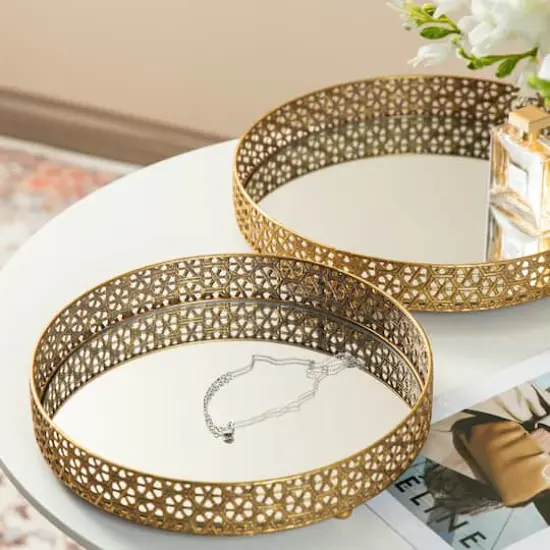 Glitzhome&reg; Gold Round Metal Mirrored Decorative Trays Set {5}