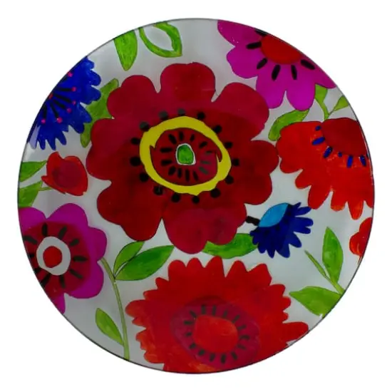 18'' Red and Blue Summer Flowers Hand Painted Glass Birdbath {5}
