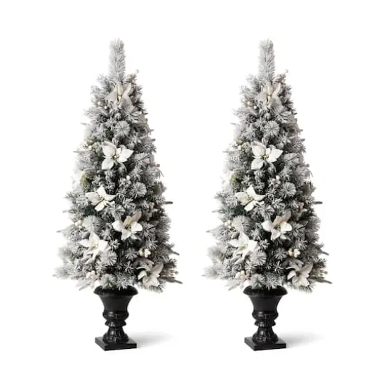 5ft. Pre-Lit Flocked Pine Artificial Christmas Tree in Planter Set, Warm White LED Lights {5}