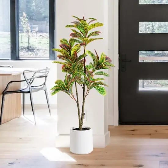 American Art Decor 4ft. Realistic Artificial Croton Tree in White Pot {3}