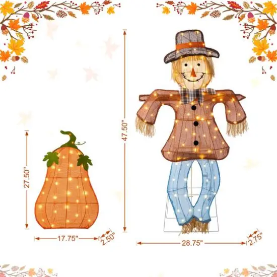 Glitzhome&reg; Lighted Fall Scarecrow & Pumpkin Outdoor Decor with Warm White LED Lights Set {9}