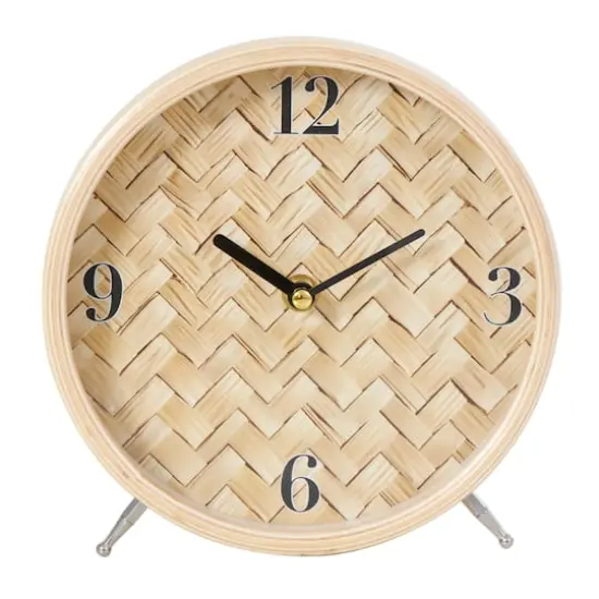 7" Light Brown Wood Woven Chevron Patterned Clock with Silver Legs {5}