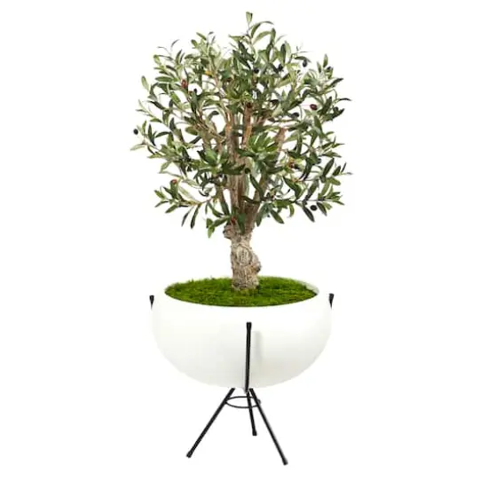 3ft. Olive Artificial Tree in White Planter with Metal Stand {1}