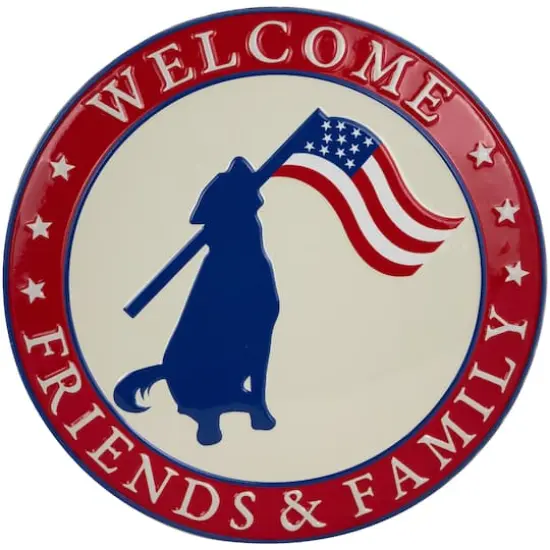13.75" Welcome Friends & Family Patriotic Dog Metal Wall Sign {1}