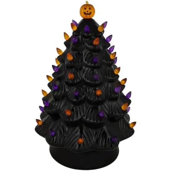 14.75" Black LED Ceramic Halloween Tree with Pumpkin {4}
