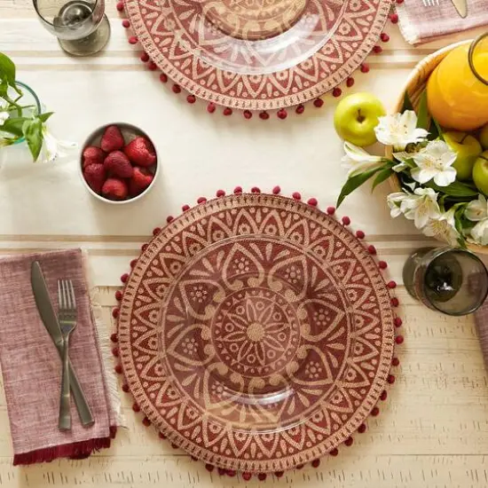 Barn Red Block Print On Natural Round Jute Placemat (Set of 6) {6}