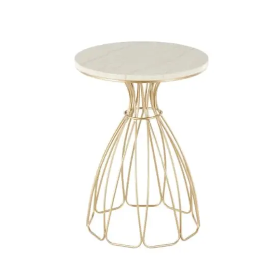 21.5" Gold Metal Flower Inspired Accent Table with Cream Marble Tabletop {4}
