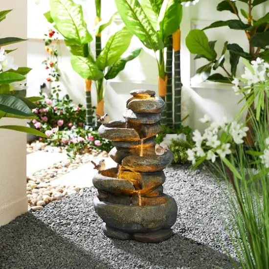 Glitzhome&reg; 23" Natural LED 5-Tier Stacked Stone Outdoor Fountain {3}