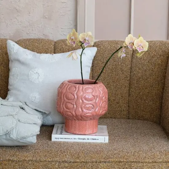 Hello Honey&reg; 9" Coral Crackle Glaze Embossed Terra Cotta Footed Vase Planter {6}