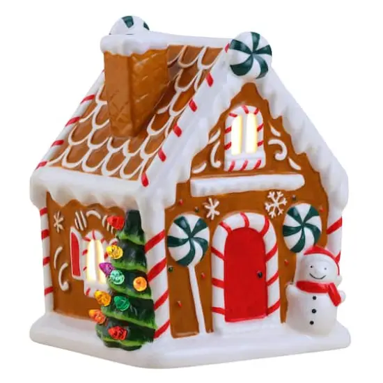 7" Brown Nostalgic Ceramic Lit Gingerbread House {5}