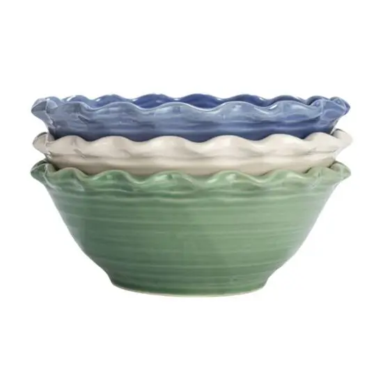 Hello Honey&reg; 10" Blue, Green & Cream Stoneware Bowl with Scalloped Edge Set {6}