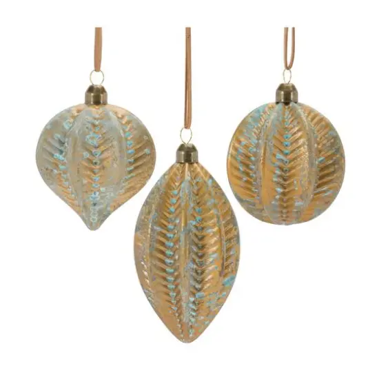 Blue & Brown Distressed Ribbed Glass Ornament Set {1}