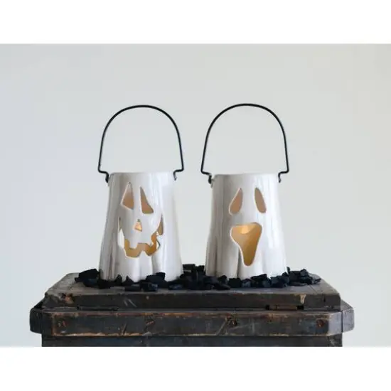Hello Honey&reg; 6.5" White Ceramic Ghost Face Lantern Set {3}