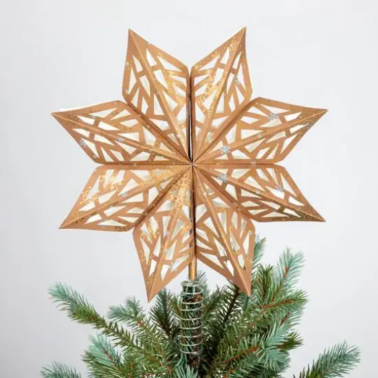 Hello Honey&reg; 14.5" Brown & Gold Decorative Paper Star Tree Topper with Snowflake Pattern {4}