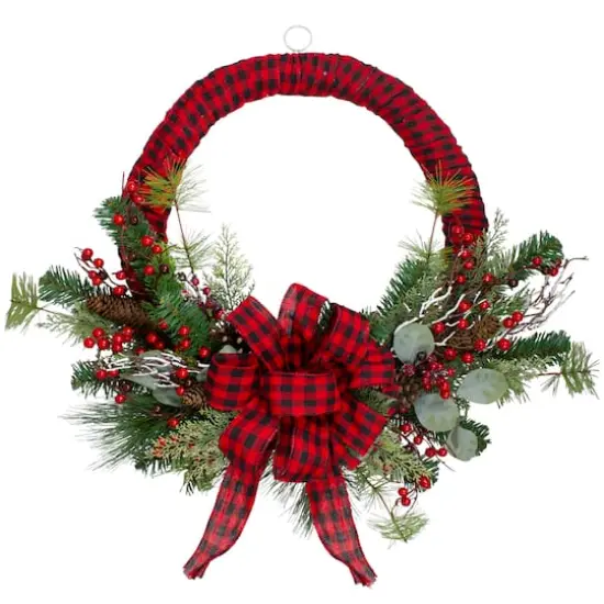 24" Red And Black Buffalo Plaid And Berry Artificial Wreath {1}
