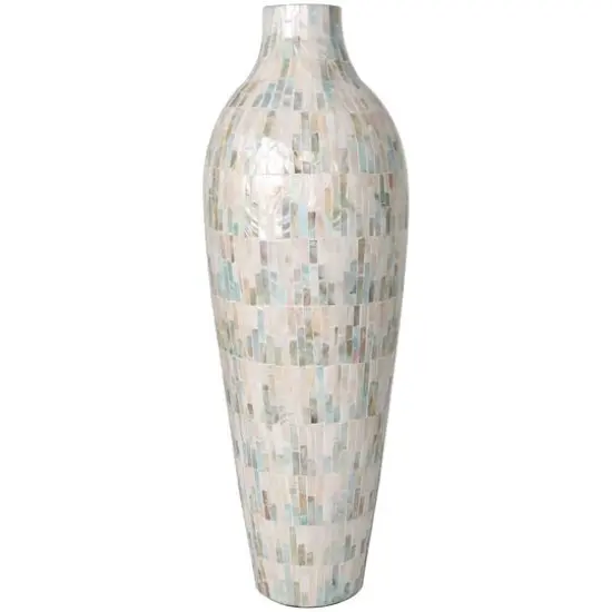 28" White Mother of Pearl Handmade Mosaic Inspired Vase with Pastel Blue & Pink Accents {5}