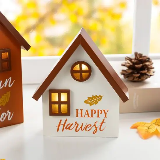 Glitzhome&reg; Lighted Fall Wooden House-shaped Table Decor Set {5}