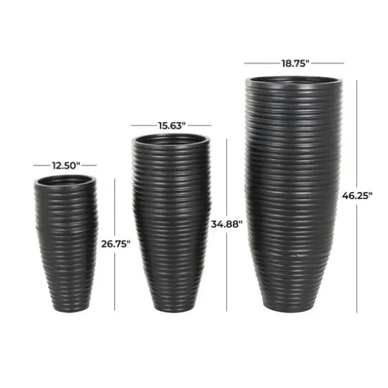 Black Ribbed Floor Metal Vase Set with Horizontal Grooves {8}