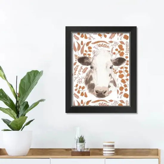 Fall Leaf Cow Black Framed Print Wall Art {3}