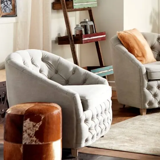 16" Brown Wood & Leather Farmhouse Ottoman {8}