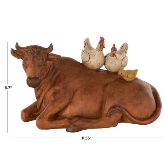 11.5" Copper Cow Decorative Sculpture with Sitting Roosters & Chicks {8}