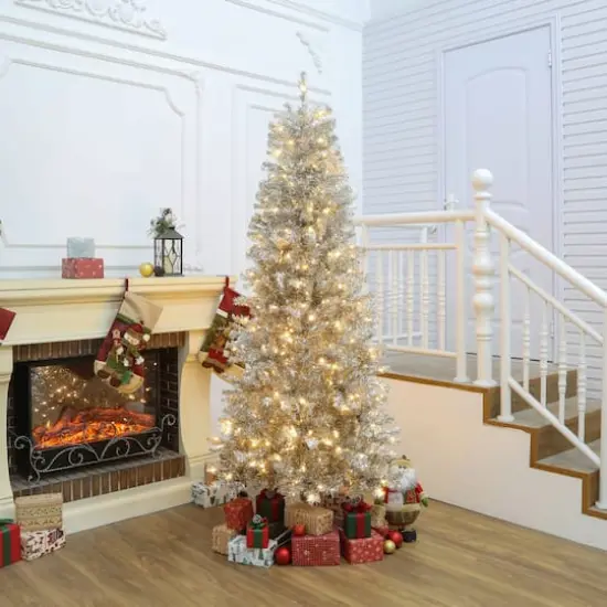 7ft. Pre-Lit Champagne Tinsel Artificial Christmas Tree, Warm White LED Lights by Ashland® {7}