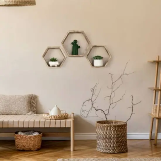 Rustic Brown Floating Hexagonal Shelf Set {6}