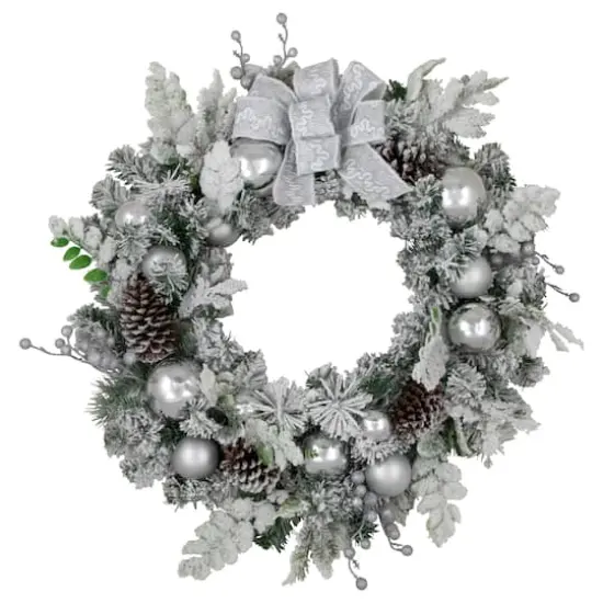 30" Flocked Foliage Christmas Wreath with Bow {1}