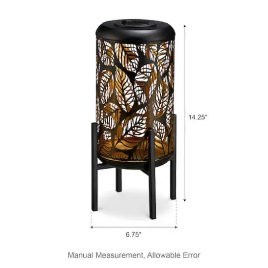 Glitzhome&reg; 14.25" Black Metal Cutout Leaves Pattern Solar Powered LED Outdoor Lantern, 2ct. {9}