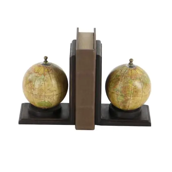 8" Rustic Brown Wood Globe Bookends {10}