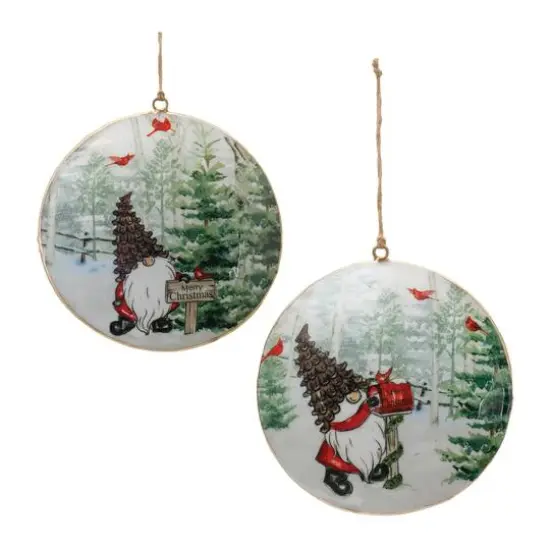 6" Gnome Cardinal Forest Metal Disc Ornaments Set {6}