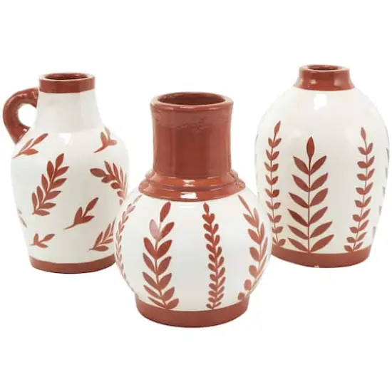 White Ceramic Floral Vase with Terracotta Colored Detailing Set {1}