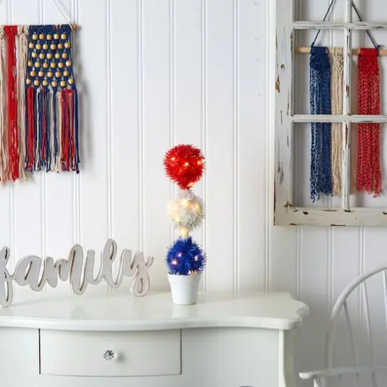 18" Red, White & Blue Americana Topiary Plant with 35 Warm LED Lights {5}