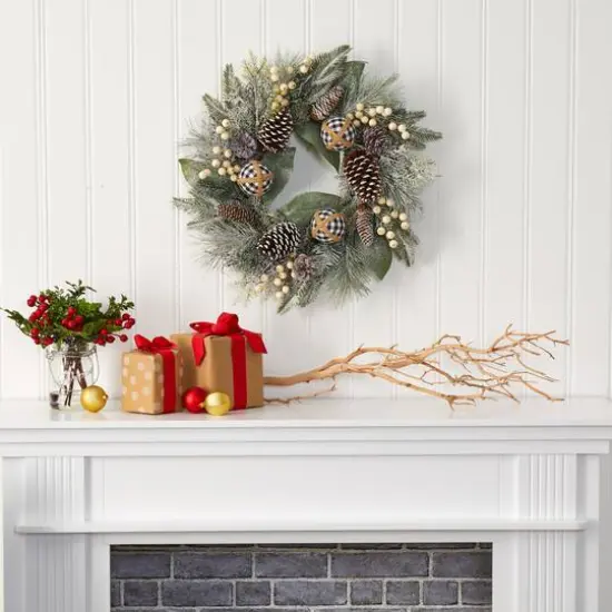 24" Snowy Berry, Pinecone & Ornaments Wreath {3}