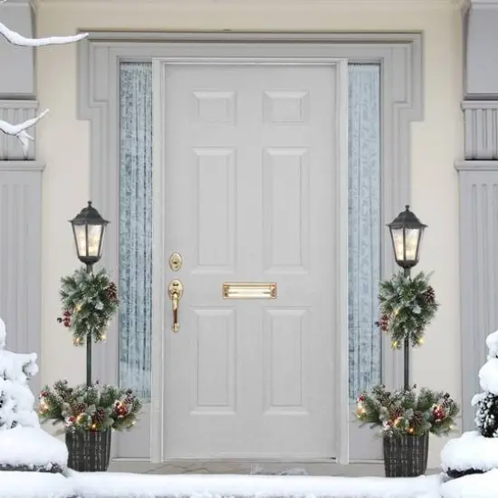 4ft. Pre-Lit Artificial Pine Lamp Post, Warm White LED Lights {3}