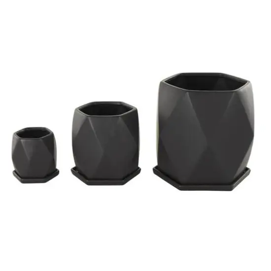 Black Faceted Ceramic Planter Set {9}