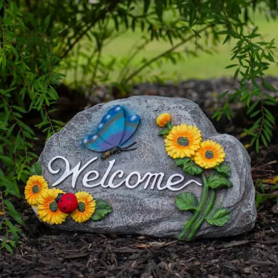 10.5" Gray Spring Butterfly & Sunflower Welcome Outdoor Garden Stone {3}