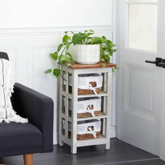 29" White Farmhouse Rattan Storage Unit {4}
